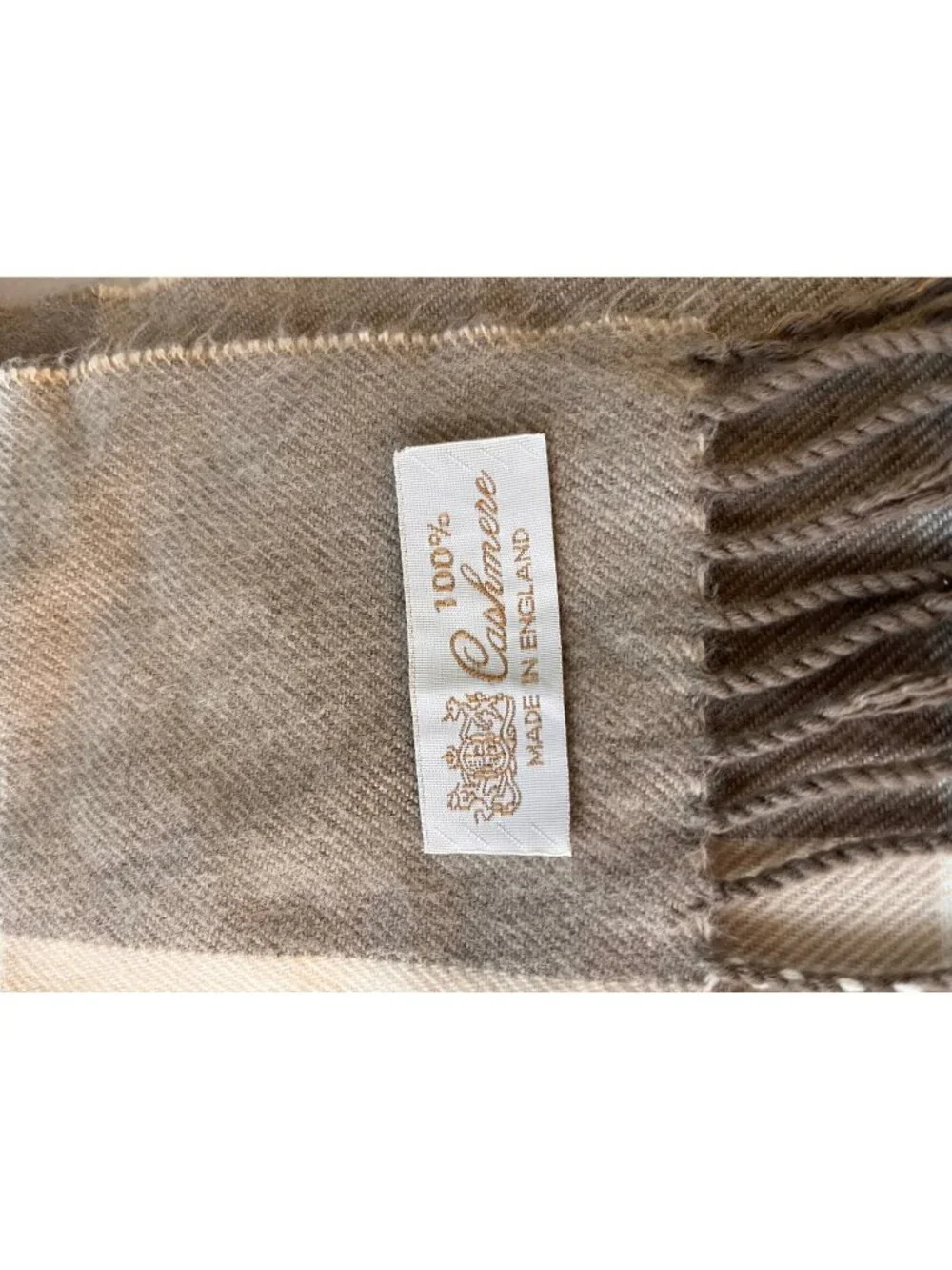 100% Cashmere Plaid Scarf Made in England Brown Beige
